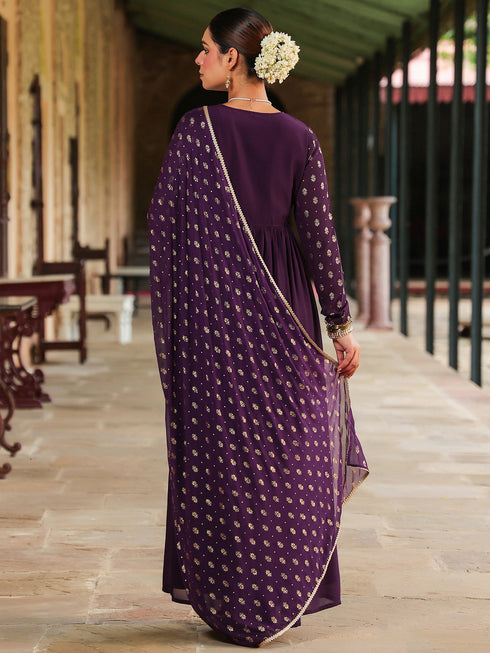 Janasya Women's Purple Georgette Embroidered Gold Printed Anarkali Kurta With Dupatta Set